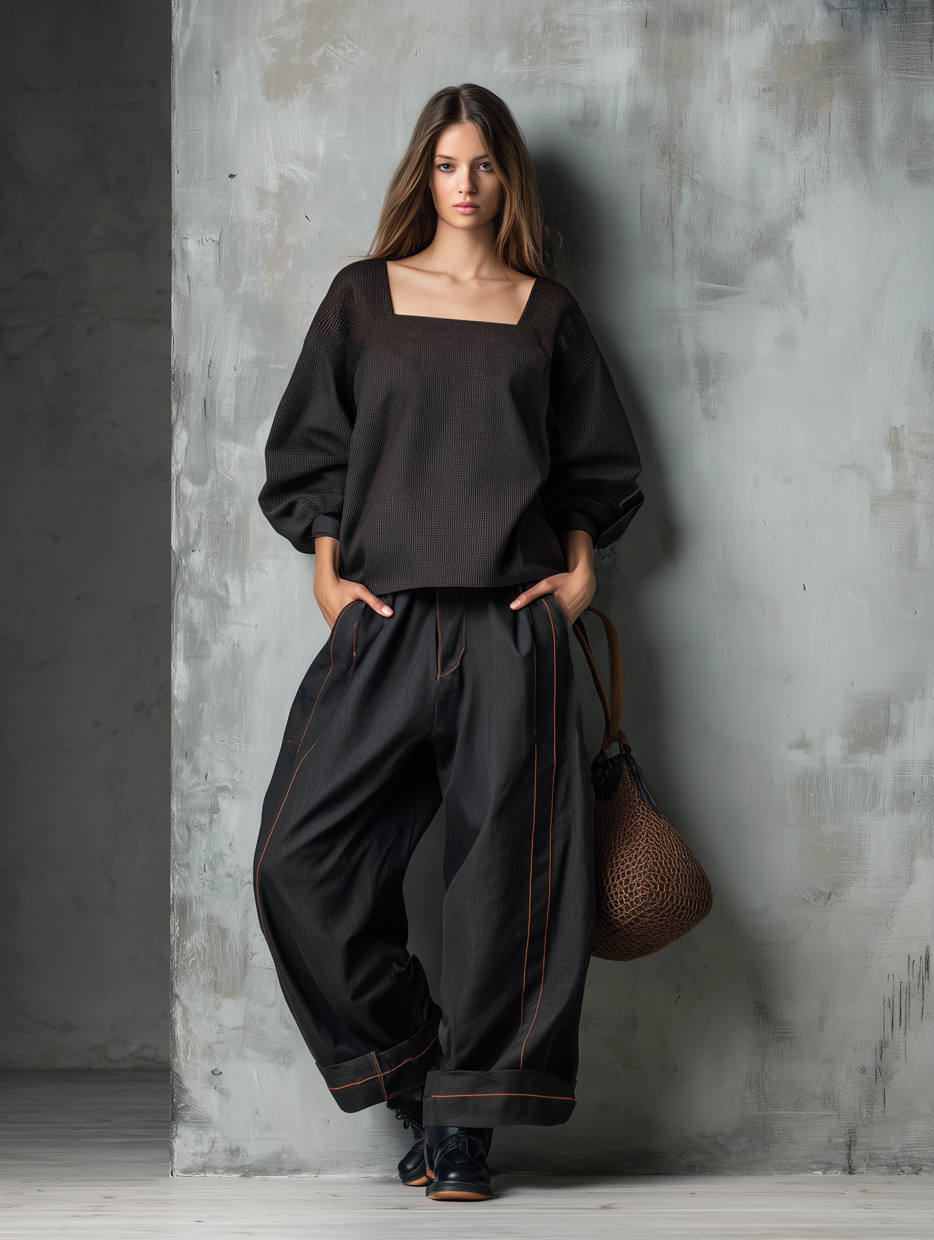 Women's Casual Dark Brown Woven Long-sleeve Top With A Square Neckline, Paired With Black Woven Trousers MDZ2314G9LXY
