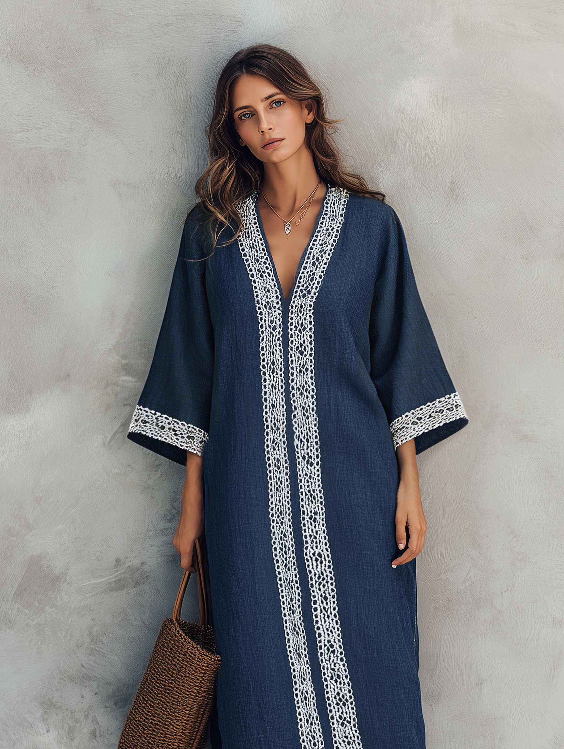 Women's Casual Navy Blue Cotton-Linen V-Neck Maxi Dress With Three-Quarter Sleeves MDZ2332G1LXY