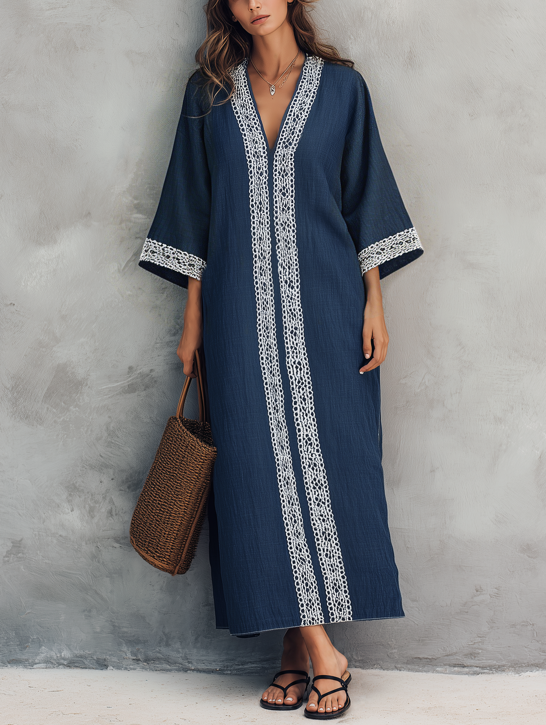 Women's Casual Navy Blue Cotton-Linen V-Neck Maxi Dress With Three-Quarter Sleeves MDZ2332G1LXY