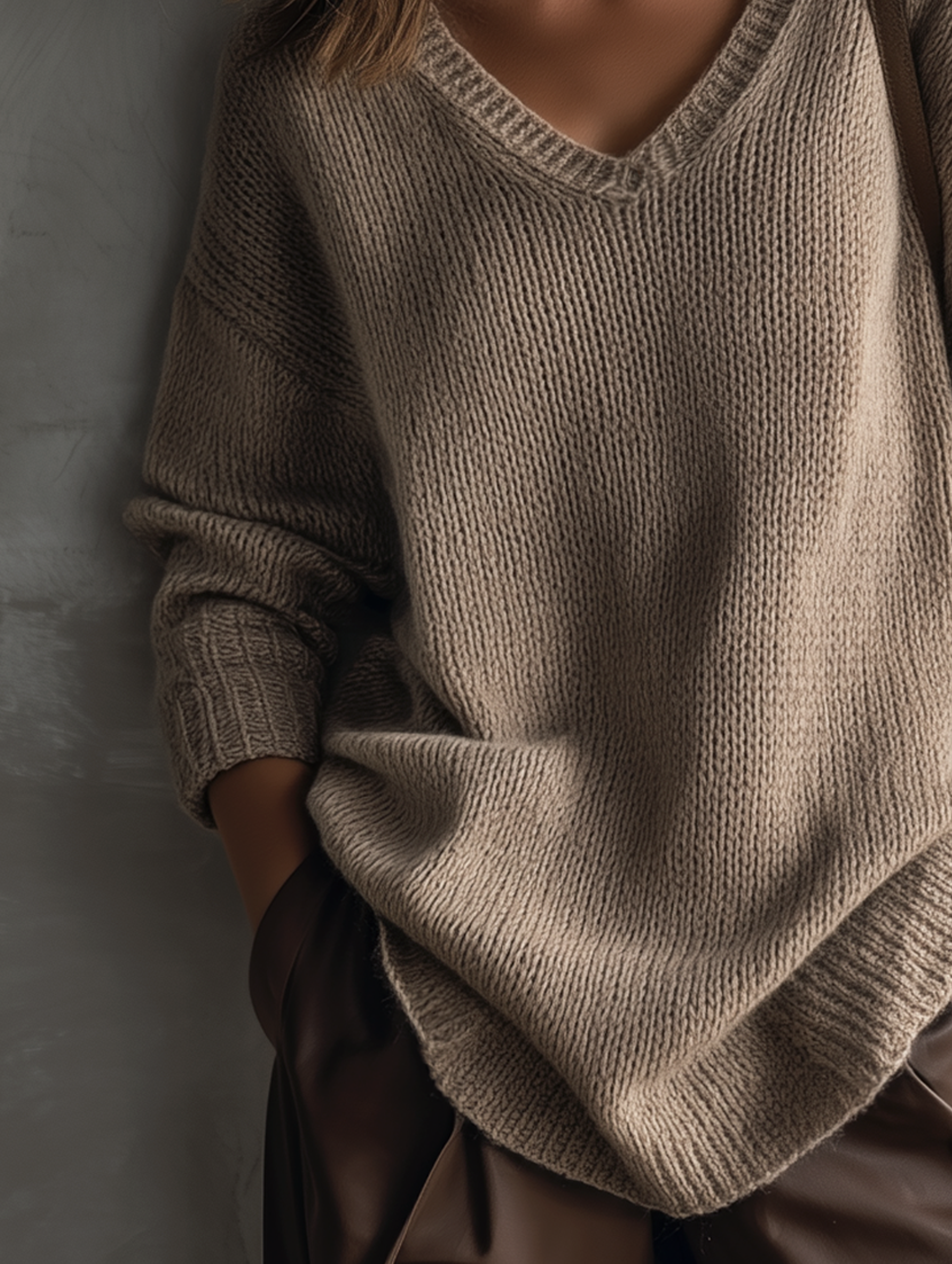 Women's Casual Grey-brown Knitted V-neck Long-sleeve Sweater MDZ2305G3LXY