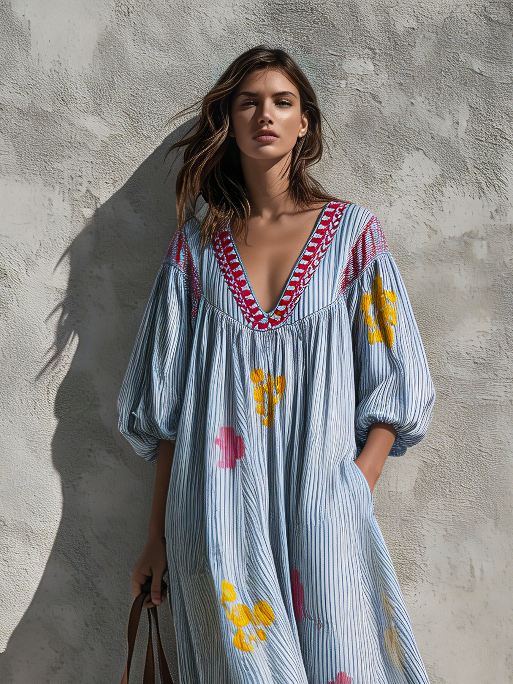 Women's Casual Blue And White Striped Print Woven Maxi Dress With V-Neck And Puff Sleeves MDZ2334G8LXY