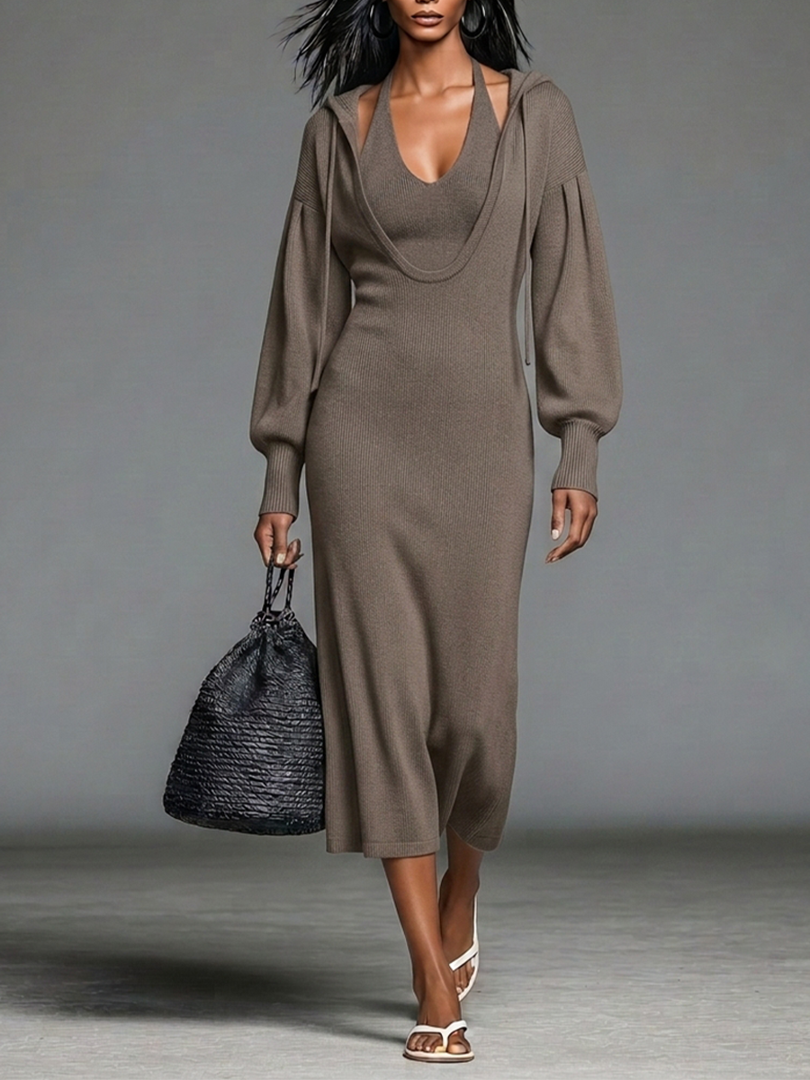 Women's Taupe Ribbed Knit Midi Dress With Faux Two-Piece Hooded Layer Design & Halter Neck Lantern Sleeves, Minimalist Casual Slim Fit Knit Midi Dress MDZ2414G5LYL
