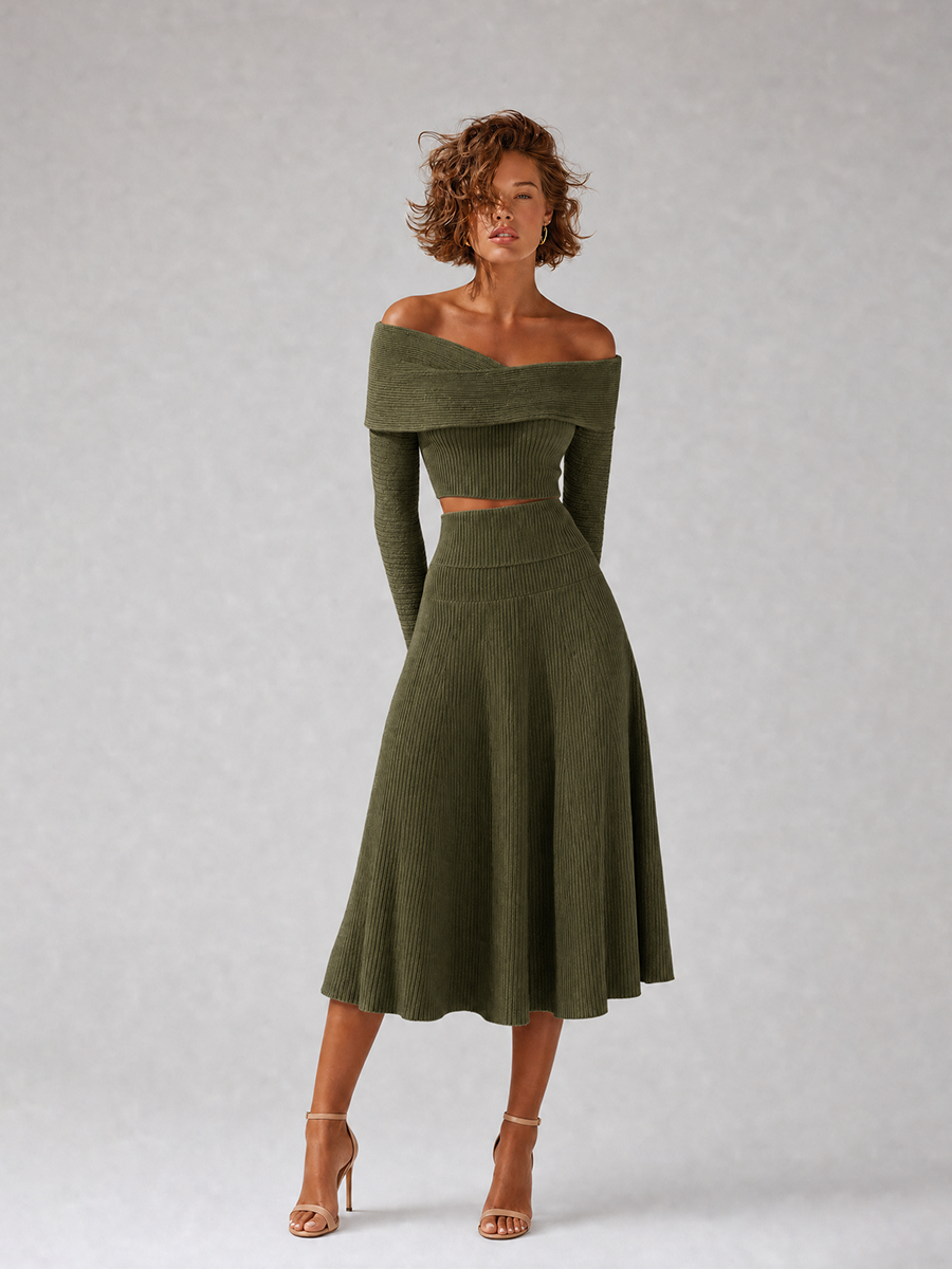 Women's Elegant Green Ribbed-Knit Off-Shoulder Crossover-Neck Long-Sleeve Cropped Top & High-Waisted A-Line Midi Skirt Set MDZ2462G3CMX