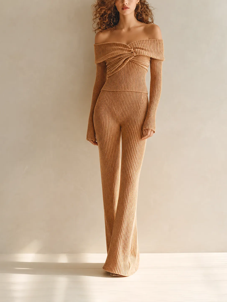 Women's Elegant Sultry Brown Ribbed-Knit Off-Shoulder Twist-Front Long-Sleeve Cropped Top & High-Waisted Flared Trouser Set MDZ2494G7CMX