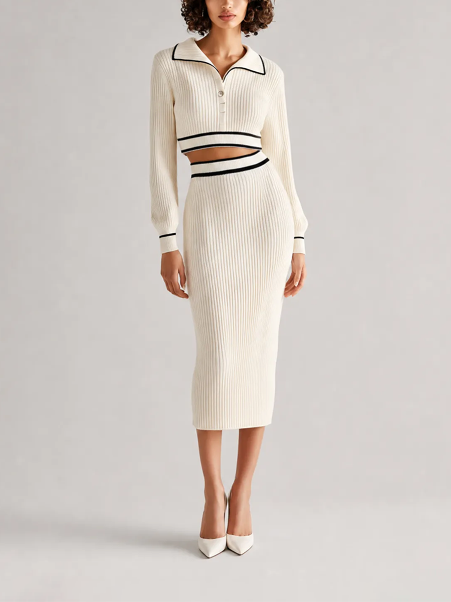 Women's Elegant Off-white Ribbed-Knit Lapel Long-Sleeve Contrast-Trim Cropped Top & High-Waisted Bodycon Midi Skirt Set MDZ2452G5CMX