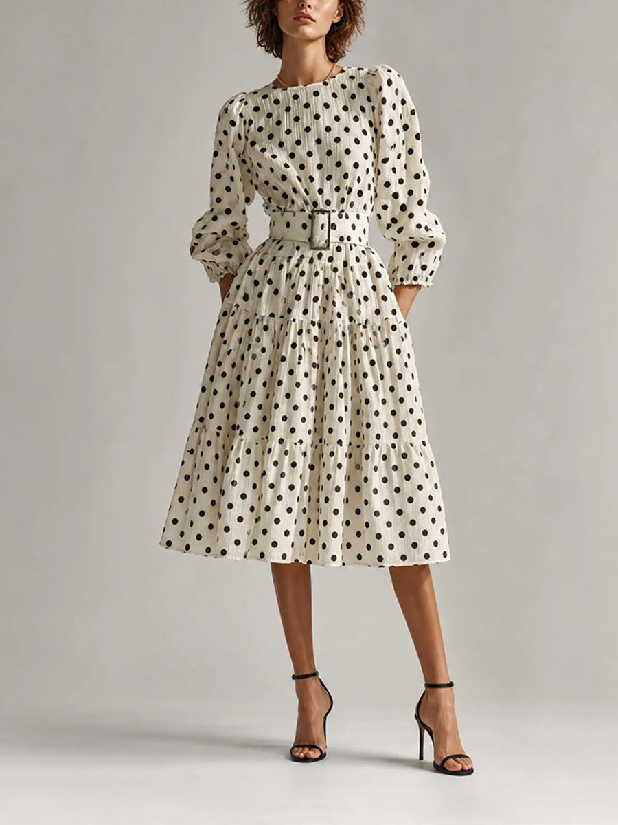 Women's Elegant Vintage Off-white & Black Polka-Dot Round-Neck Blouson-Sleeve Belted Tiered Midi Dress MDZ2467G6CMX