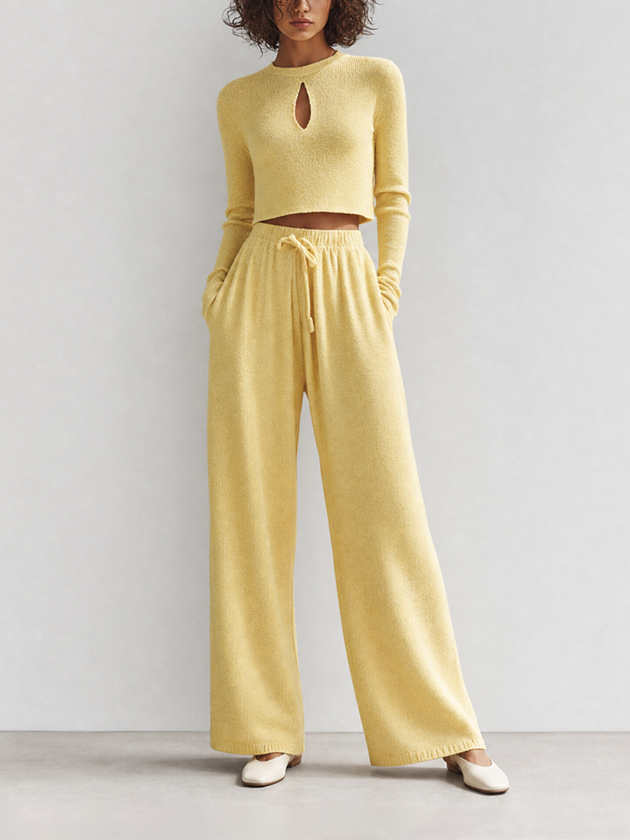 Women's Elegant Casual Light Yellow Knit Round-Neck Keyhole Long-Sleeve Cropped Top & Drawstring Wide-Leg Trouser Set MDZ2406G2CMX
