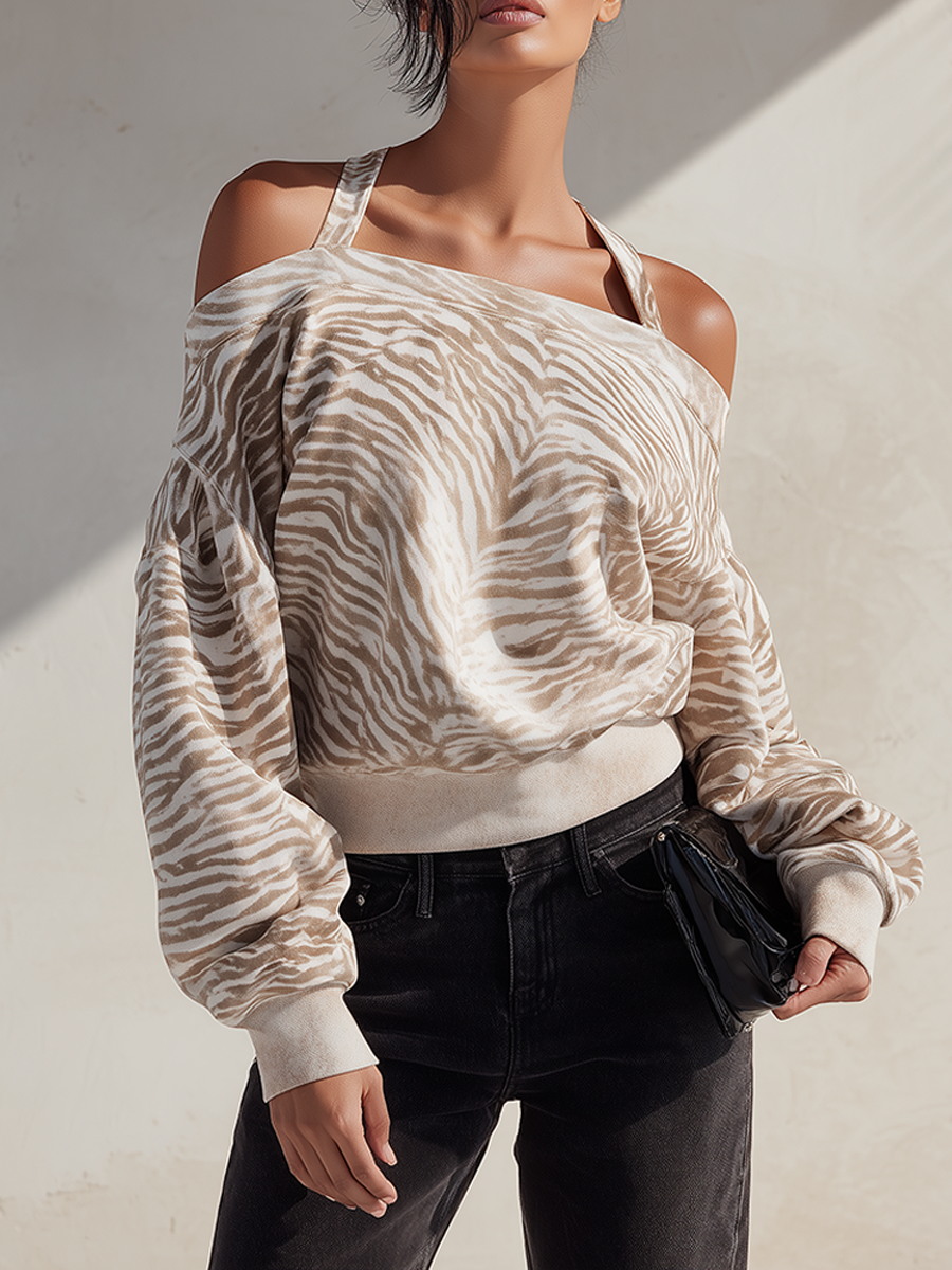 Women's Zebra Print Halter-Neck Off-Shoulder Long-Sleeve Cotton-Blend Top MDZ2452G6ZRK