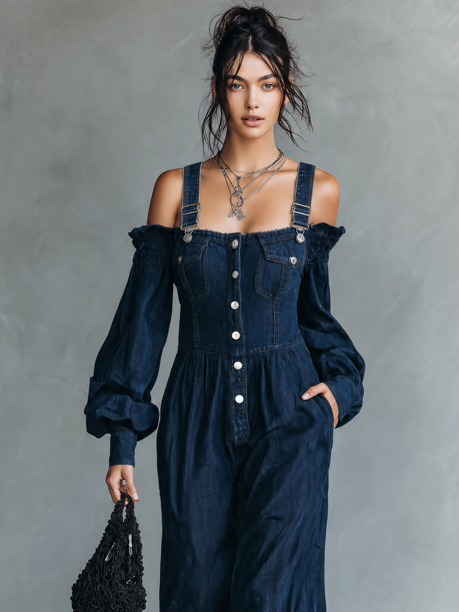 Women's Casual Dark Blue Denim Long-sleeve Overall Jumpsuit MDZ2425G0LXY