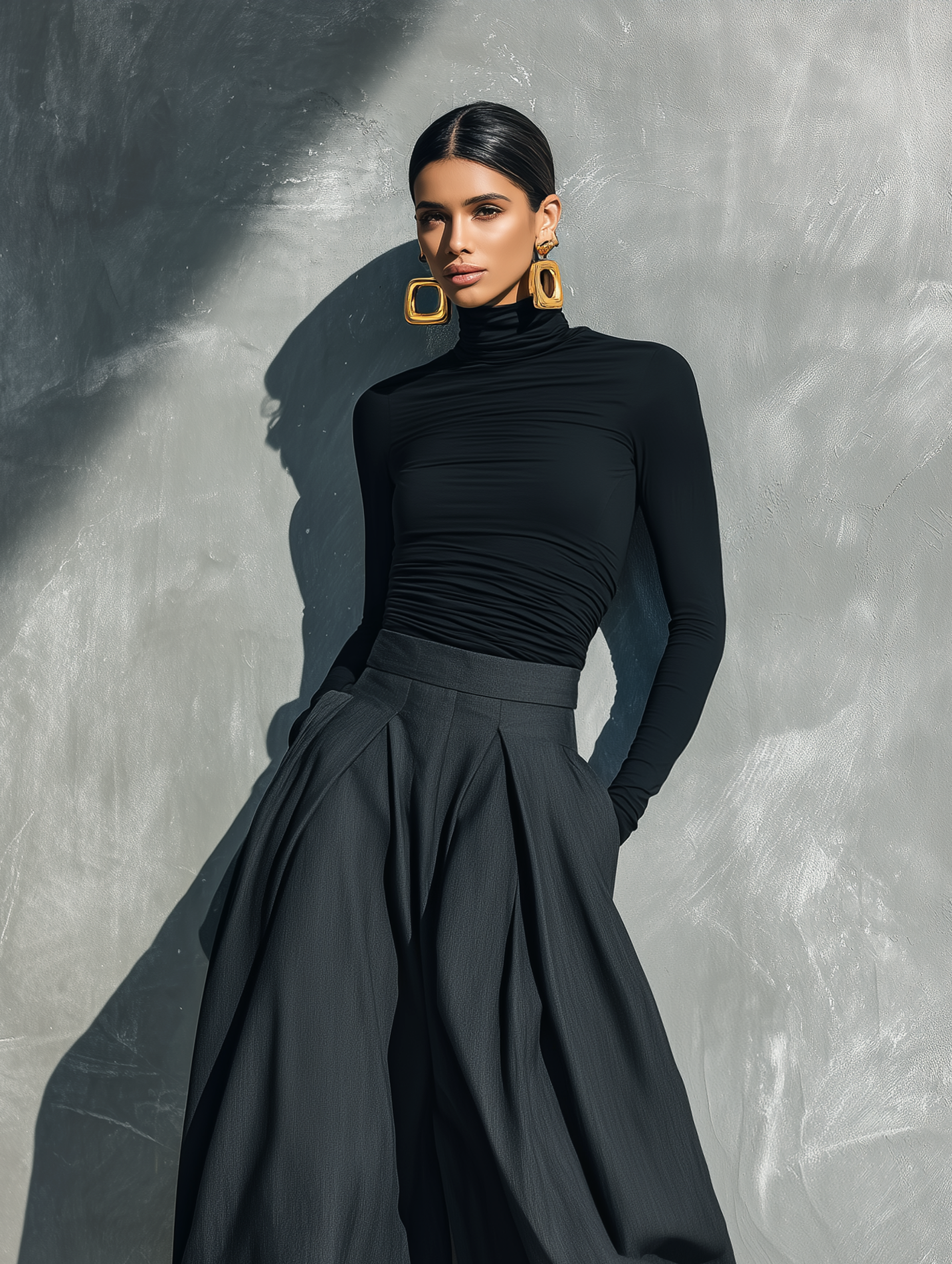 Women's Casual 2-Piece Set Black Stretch-knit Long-sleeve Top And Dark Gray Woven Wide-leg Trousers MDZ2470G8LXY