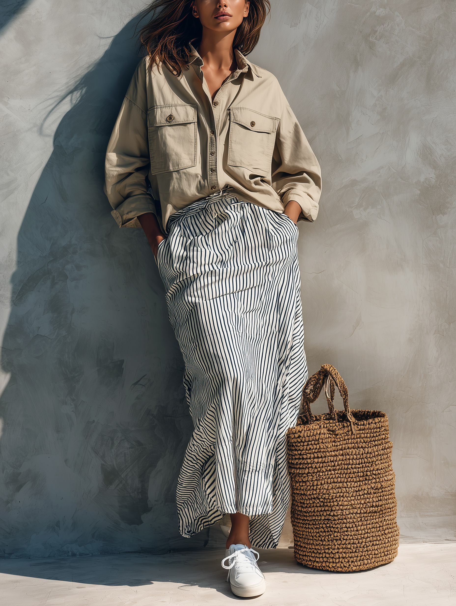 Women's Casual Khaki Long-sleeved Woven Shirt Paired With A Black-and-white Striped Woven Skirt MDZ2458G4LXY