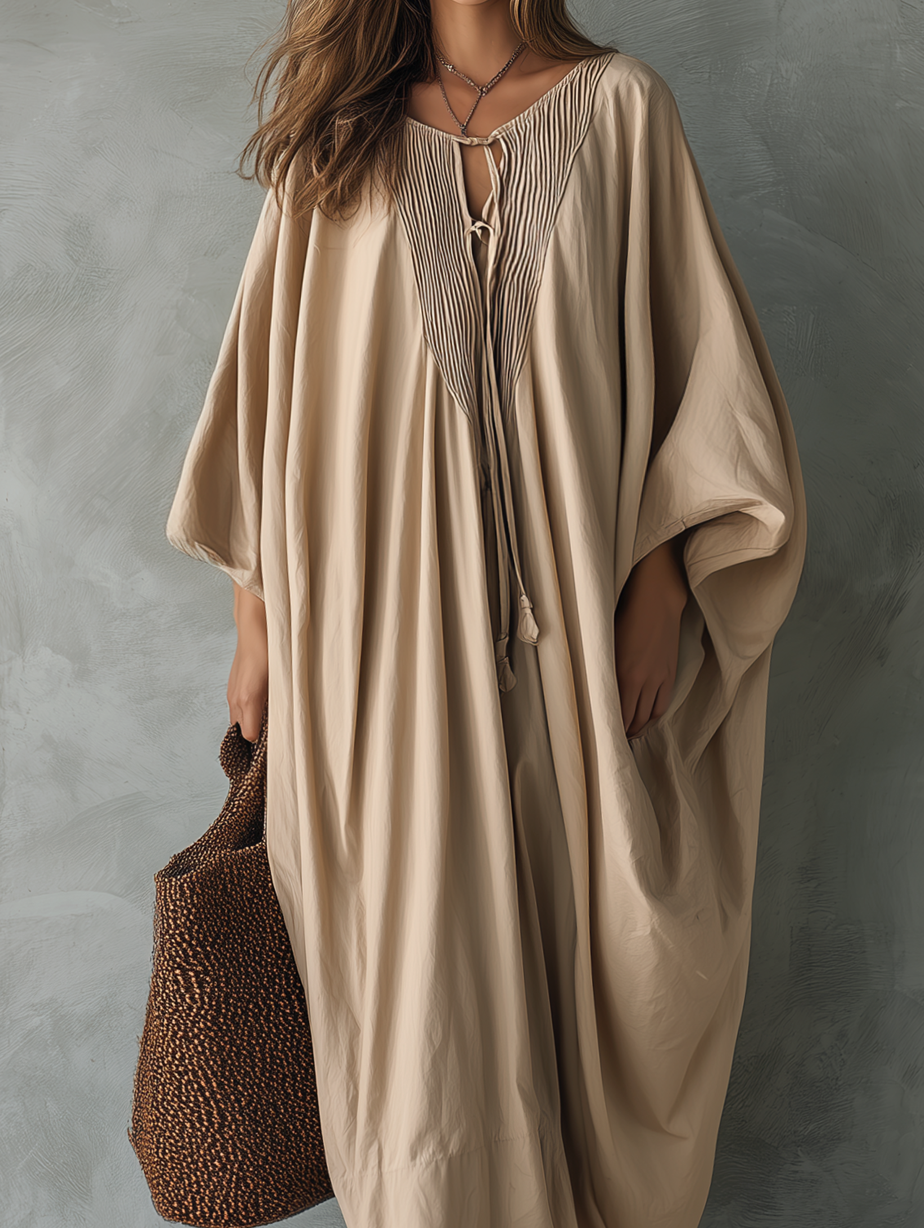 Women's Casual Khaki Woven V-Neck Batwing-Sleeve Maxi Dress MDZ2446G5LXY