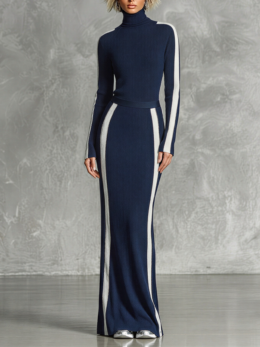 Women's Dark Navy Vertical Stripe Stretch Knit Matching Outfit With Slim Turtleneck Top & Fitted Maxi Skirt, Versatile Fashion Knit Two Piece Set MDZ2423G9LYL