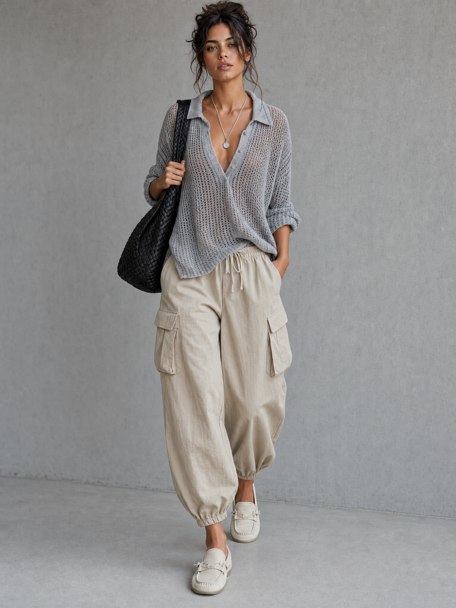Women's Casual Grey Open-knit V-neck Long-sleeve Top Paired With Khaki Woven Trousers MDZ2413G5LXY