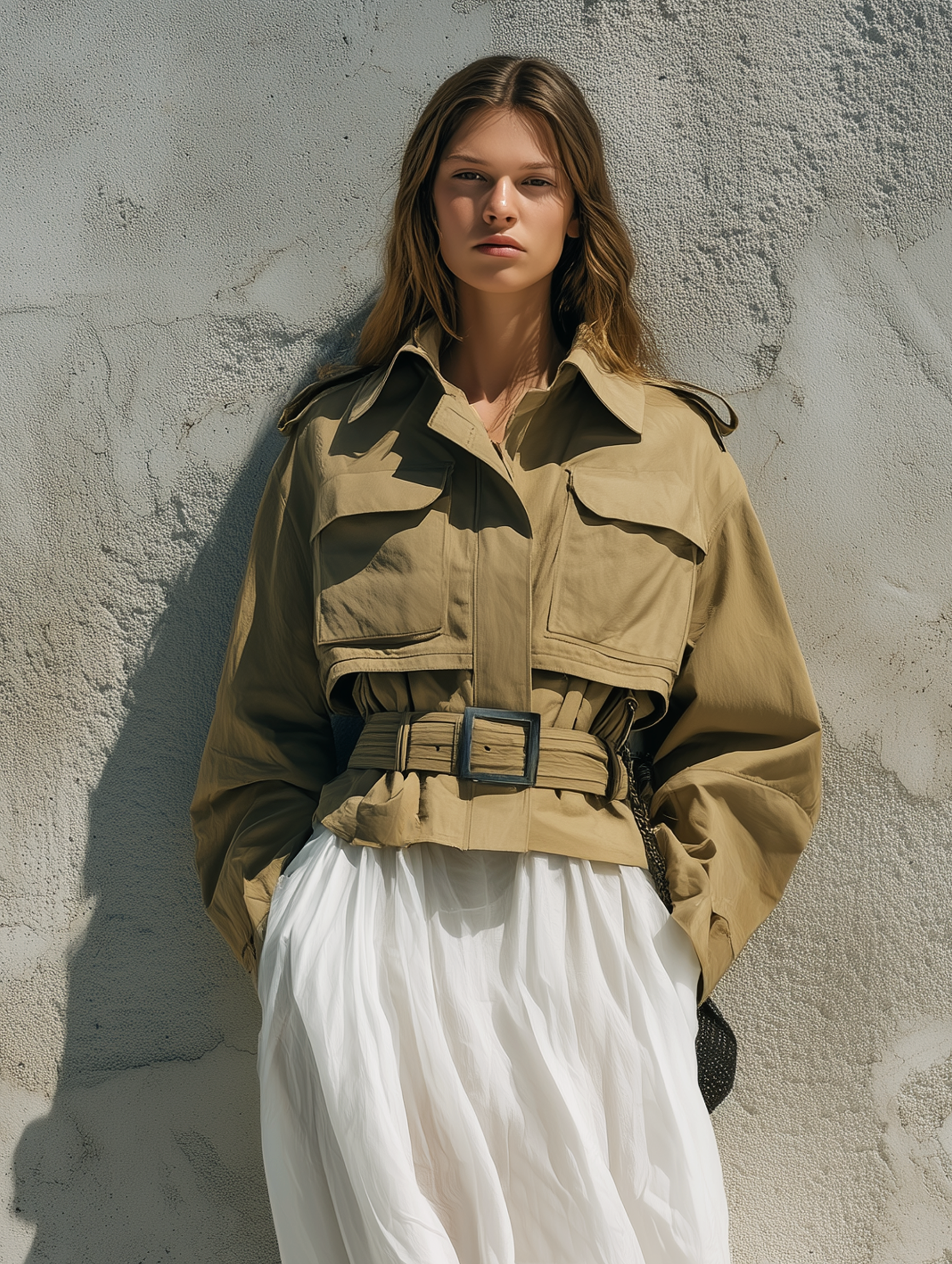 Women's Casual Khaki Woven Long-Sleeve Utility-Style Cropped Trench Coat (Belt Included) MDZ2408G9LXY