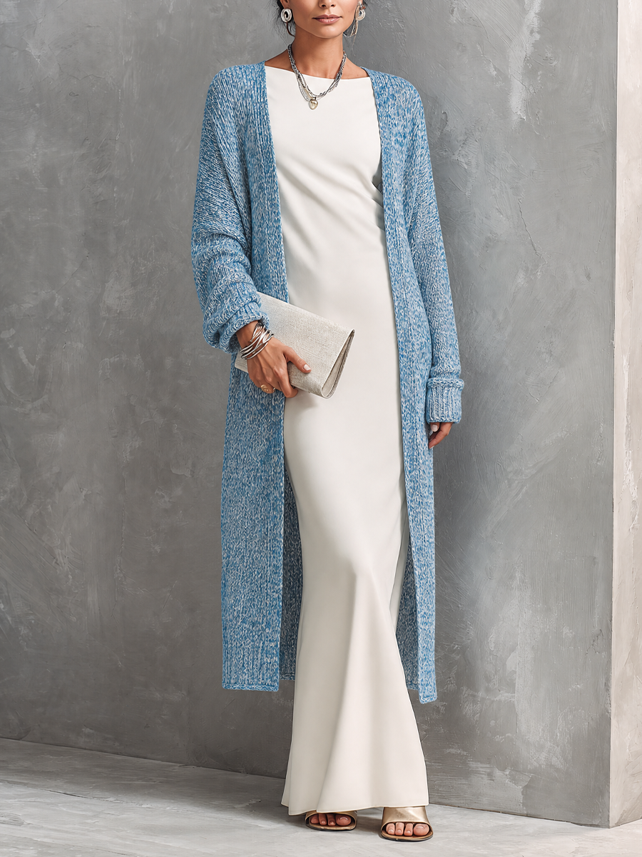 Women's Casual Elegant Blue Knit Open Front Ribbed Long Cardigan MDZ2428G4GMJ