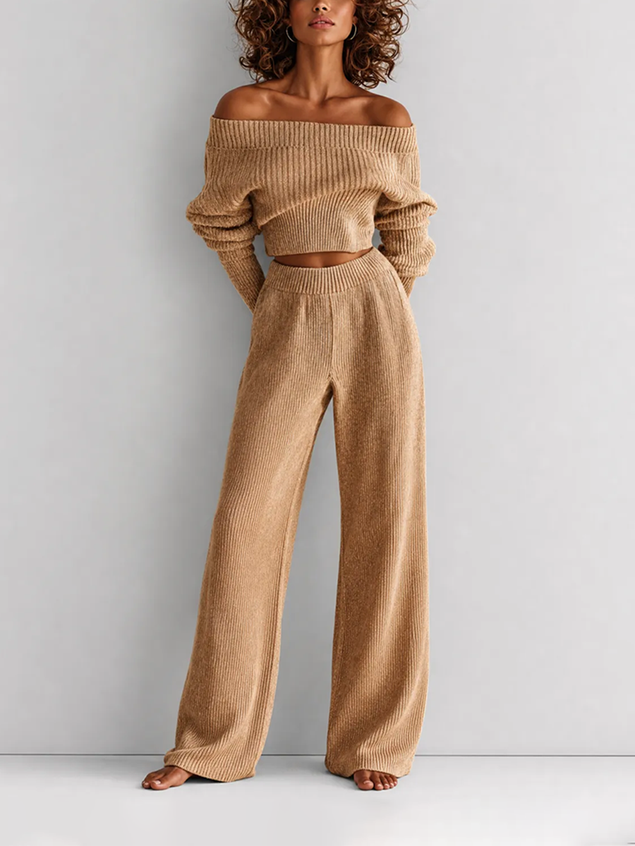 Women's Elegant Casual Camel Wool-Knit Off-Shoulder Long-Sleeve Cropped Top & High-Waisted Wide-Leg Trouser Set MDZ2788G5CMX