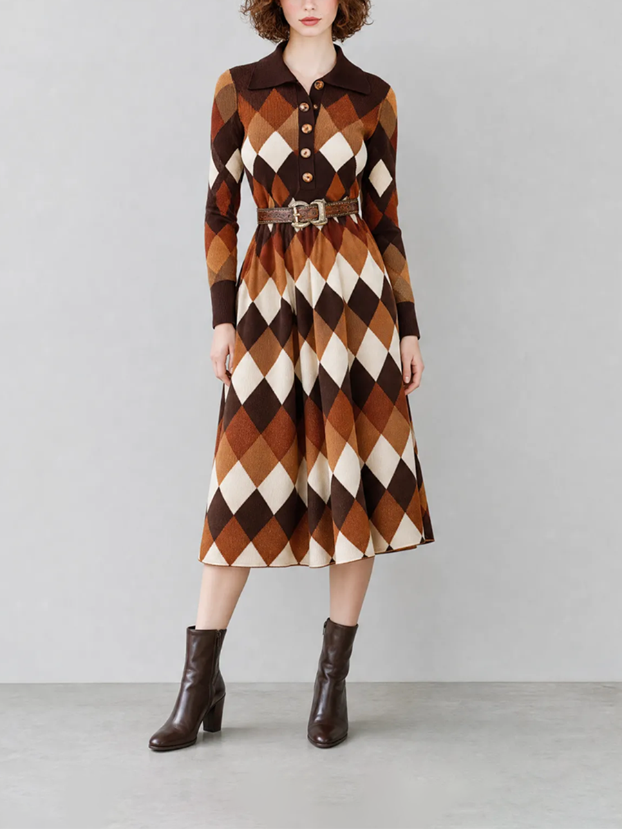 Women's Elegant Vintage Brown Argyle-Jacquard Polo-Collar Long-Sleeve Belted Knit Midi Dress MDZ2788G6CMX