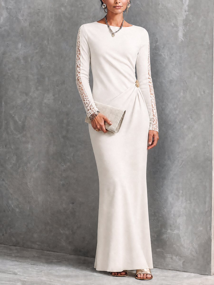 Women's Elegant Ivory Knit Cotton Blend Lace Sleeve Ruched Waist Maxi Dress MDZ2432G5GMJ