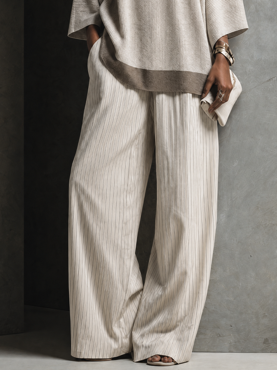 Women's Elegant Ivory Cotton Blend Pinstripe Wide-Leg Full-Length Pants MDZ2455G1GMJ