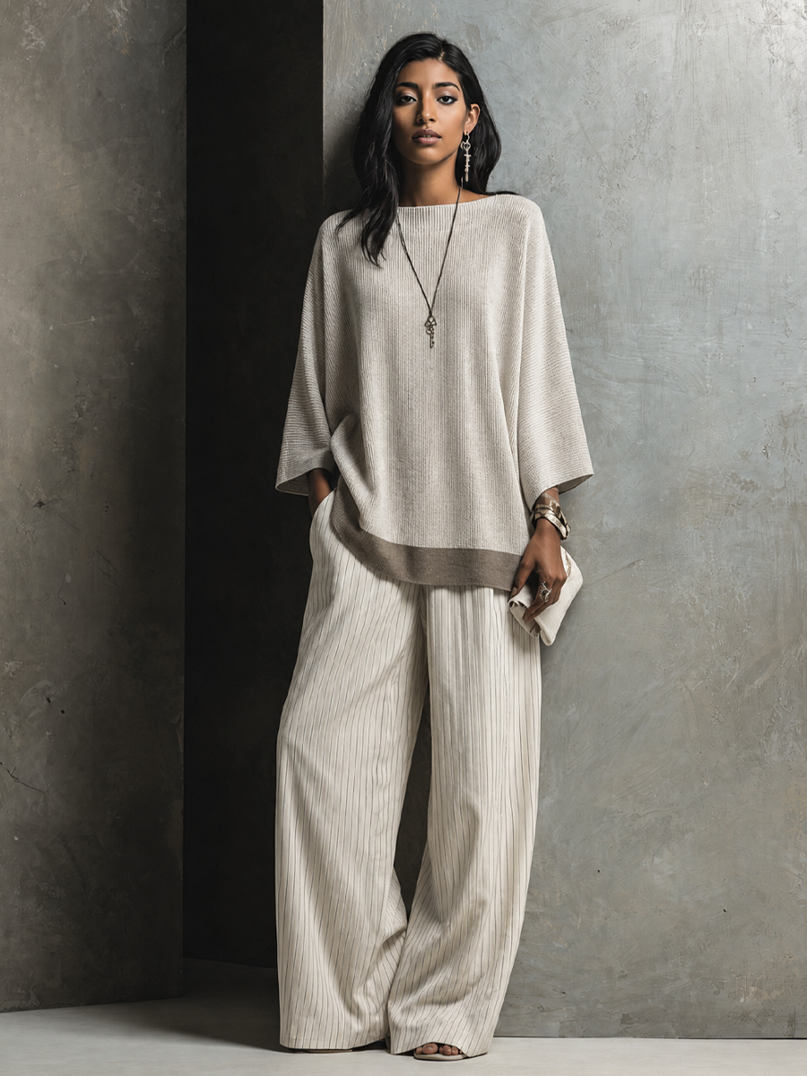 Women's Elegant Ivory Cotton Blend Pinstripe Wide-Leg Full-Length Pants MDZ2455G1GMJ