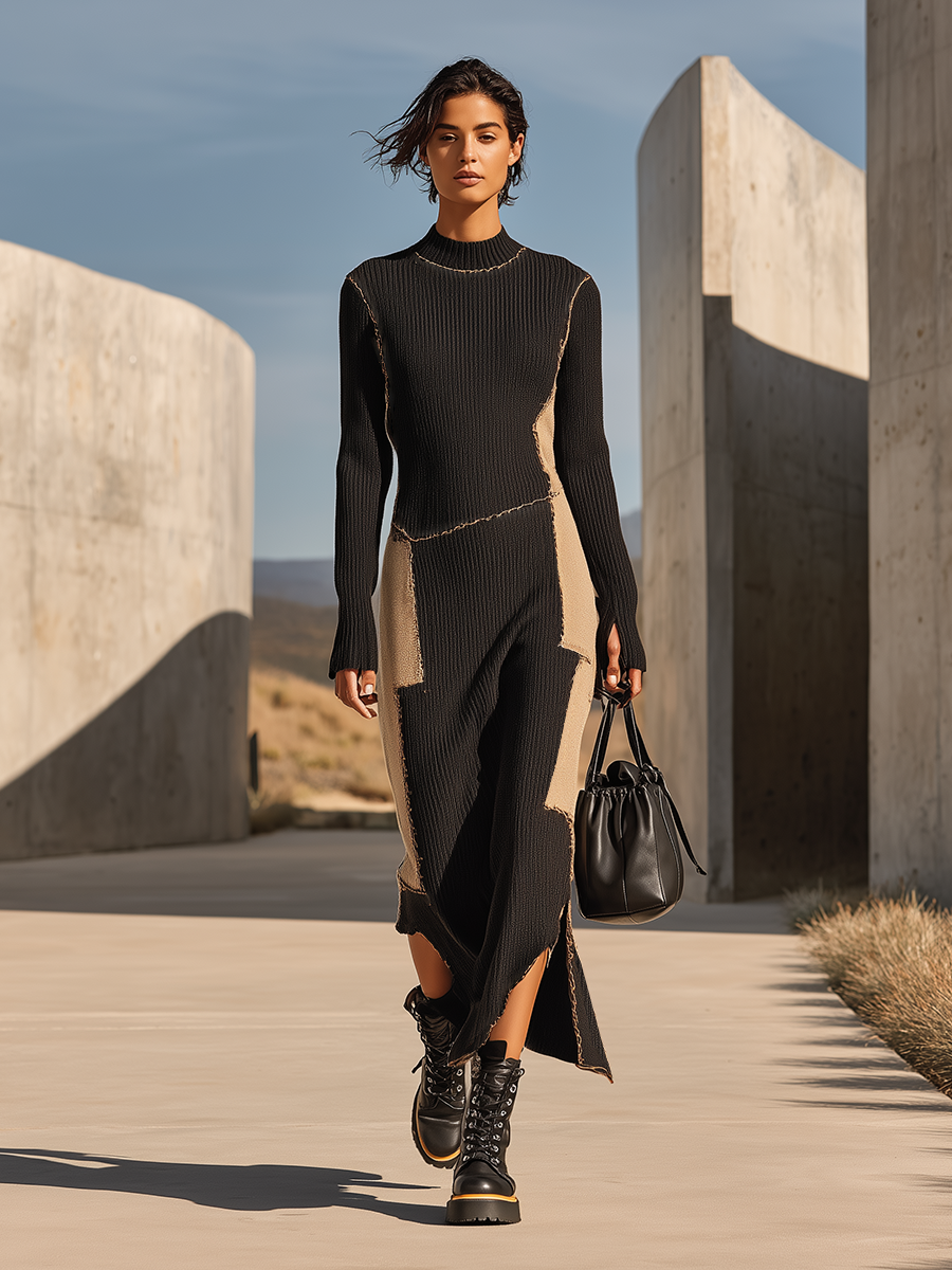 knitted dress black streetwear Women's Khaki Ribbed Knit Maxi With Raw Edge Patchwork & M – Modesees Size:Taro Purple Dress - XL Tape Its low Dress Lauren Ralph Lauren