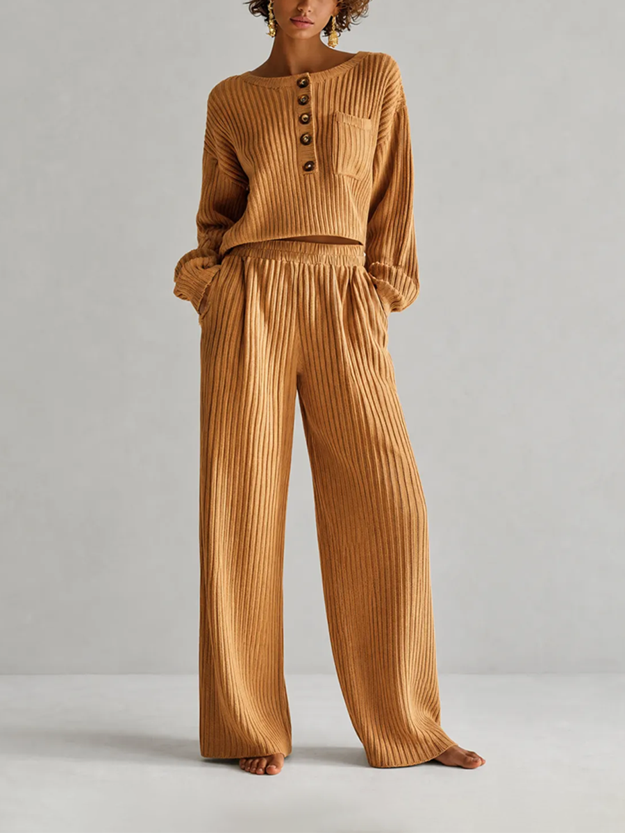 Women's Casual Brown Wide-Rib Knit Round-Neck Button-Placket Long-Sleeve Cropped Top & Elastic-Waist Wide-Leg Trouser Set MDZ2781G7CMX