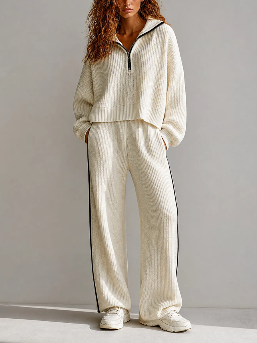 Women's Casual Sporty Off-white Chunky-Knit Collared Half-Zip Dropped-Shoulder Long-Sleeve Cropped Top & Black-Piping Wide-Leg Trouser Set MDZ2780G4CMX