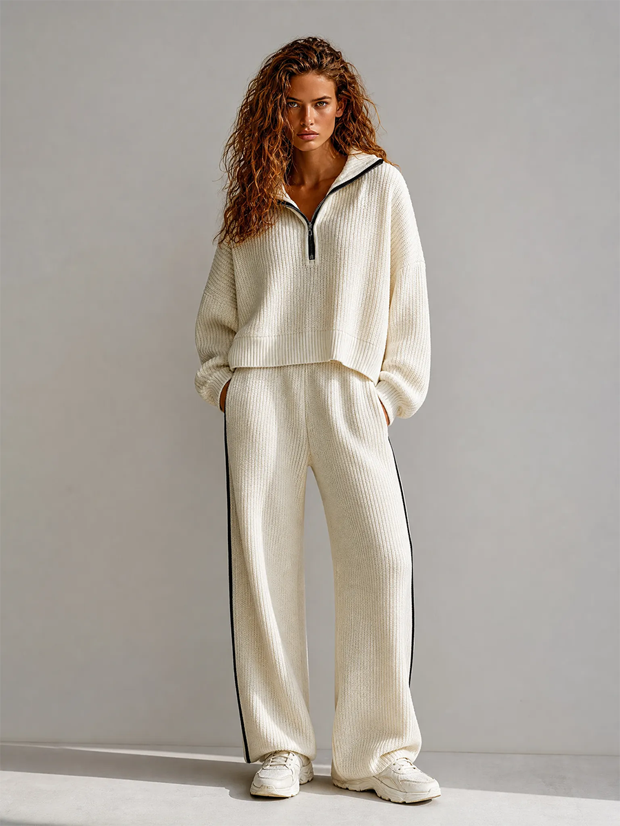 Women's Casual Sporty Off-white Chunky-Knit Collared Half-Zip Dropped-Shoulder Long-Sleeve Cropped Top & Black-Piping Wide-Leg Trouser Set MDZ2780G4CMX