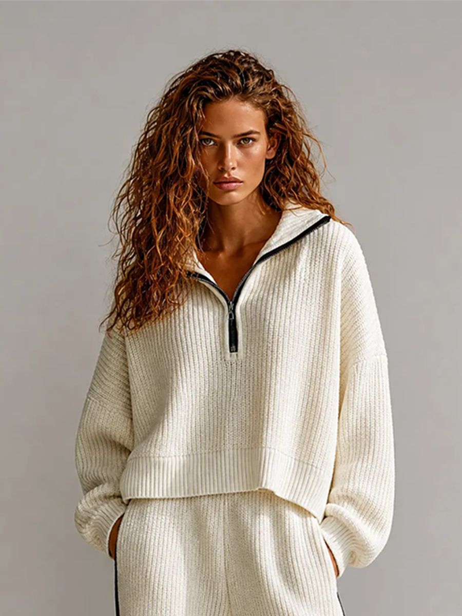 Women's Casual Sporty Off-white Chunky-Knit Collared Half-Zip Dropped-Shoulder Long-Sleeve Cropped Top & Black-Piping Wide-Leg Trouser Set MDZ2780G4CMX