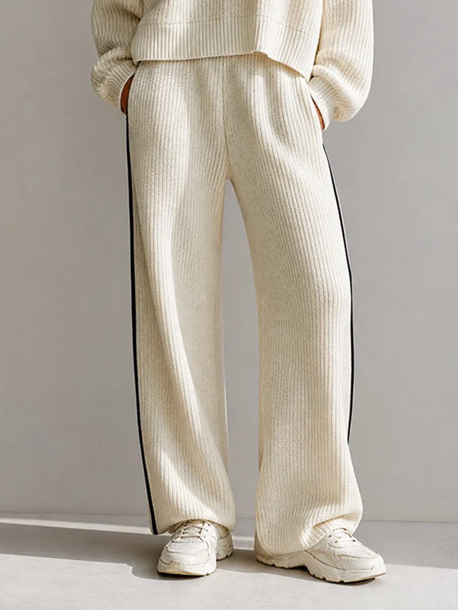 Women's Casual Sporty Off-white Chunky-Knit Collared Half-Zip Dropped-Shoulder Long-Sleeve Cropped Top & Black-Piping Wide-Leg Trouser Set MDZ2780G4CMX