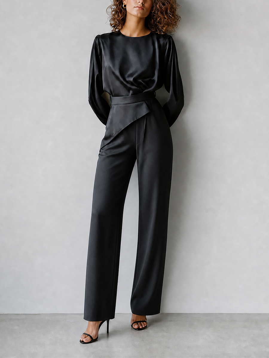 Women's Elegant Sophisticated Black Satin Round-Neck Long-Sleeve Blouse & Wide-Leg Trouser Set MDZ2736G7CMX