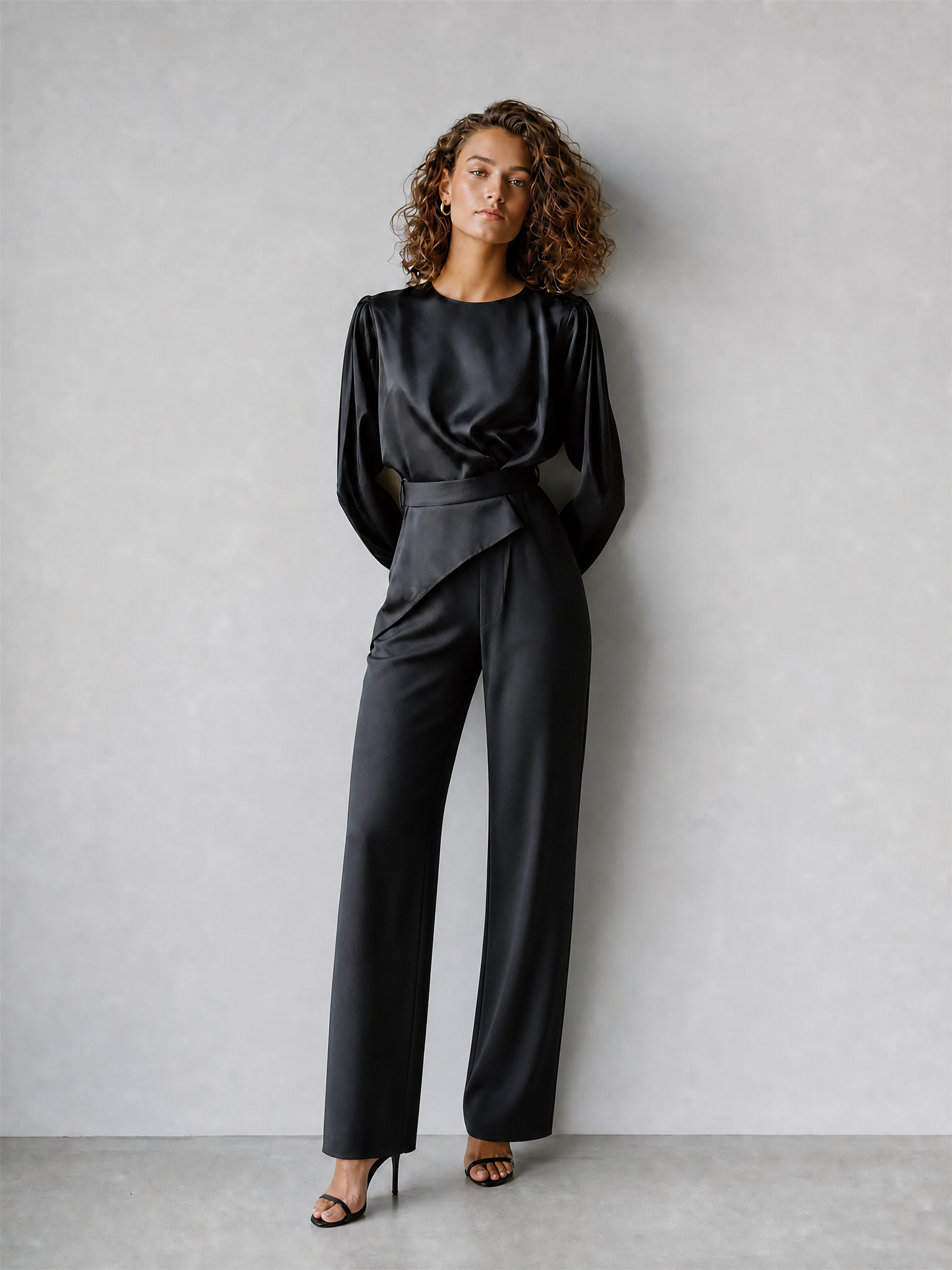 Women's Elegant Sophisticated Black Satin Round-Neck Long-Sleeve Blouse & Wide-Leg Trouser Set MDZ2736G7CMX