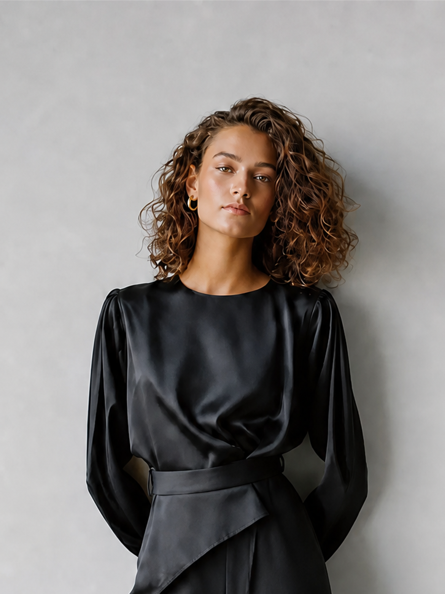 Women's Elegant Sophisticated Black Satin Round-Neck Long-Sleeve Blouse & Wide-Leg Trouser Set MDZ2736G7CMX
