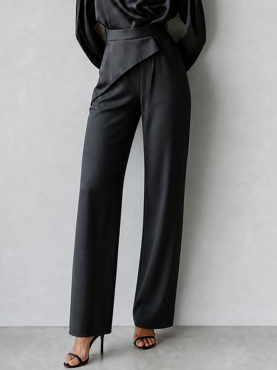 Women's Elegant Sophisticated Black Satin Round-Neck Long-Sleeve Blouse & Wide-Leg Trouser Set MDZ2736G7CMX