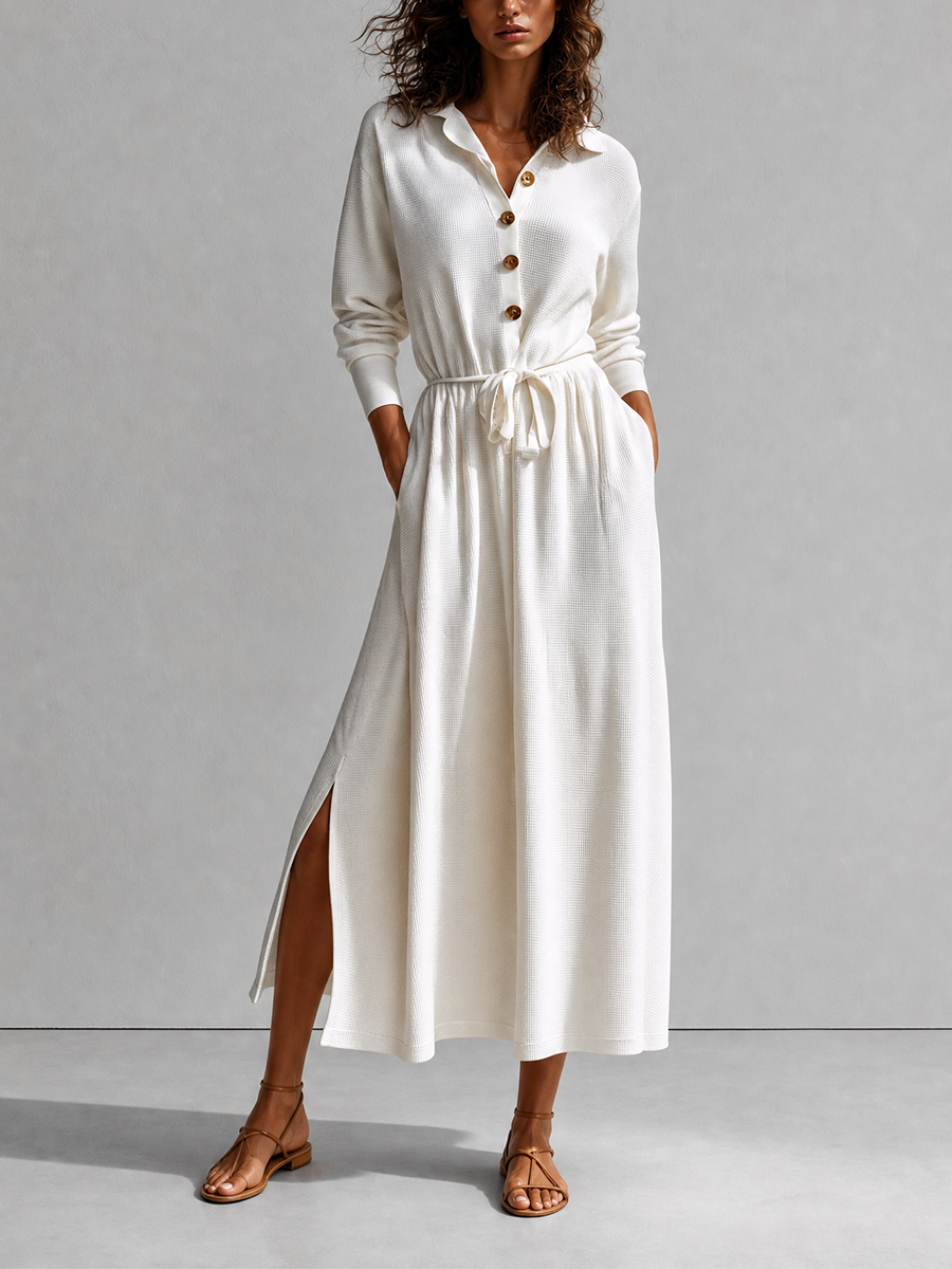 Women's Elegant Casual White Waffle-Texture Collared Long-Sleeve Belted Wooden-Button Side-Slit Shirt Midi Dress MDZ2748G6CMX
