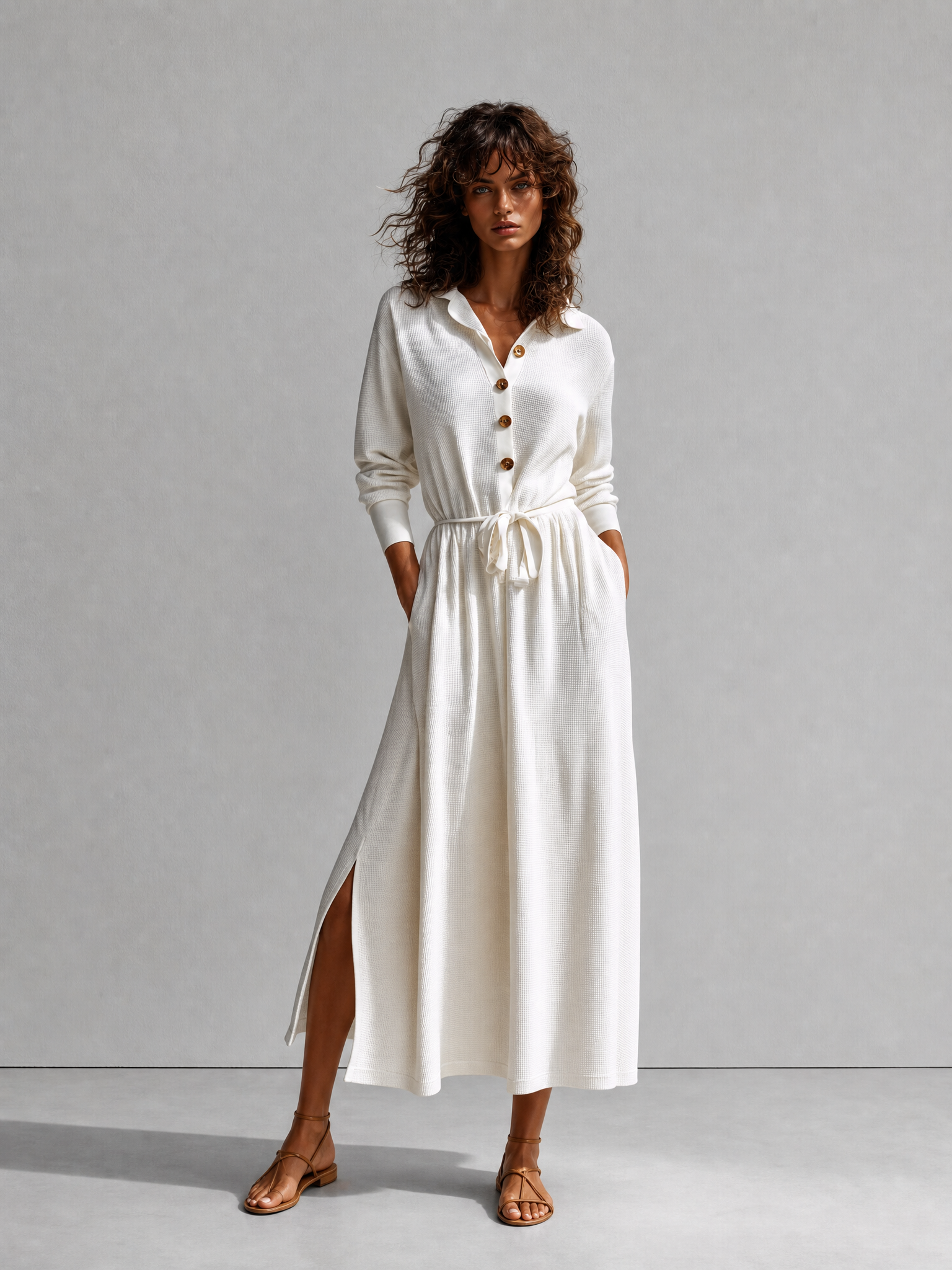 Women's Elegant Casual White Waffle-Texture Collared Long-Sleeve Belted Wooden-Button Side-Slit Shirt Midi Dress MDZ2748G6CMX
