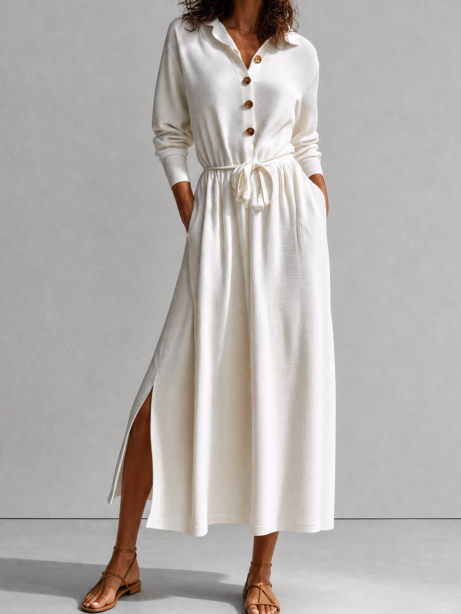 Women's Elegant Casual White Waffle-Texture Collared Long-Sleeve Belted Wooden-Button Side-Slit Shirt Midi Dress MDZ2748G6CMX
