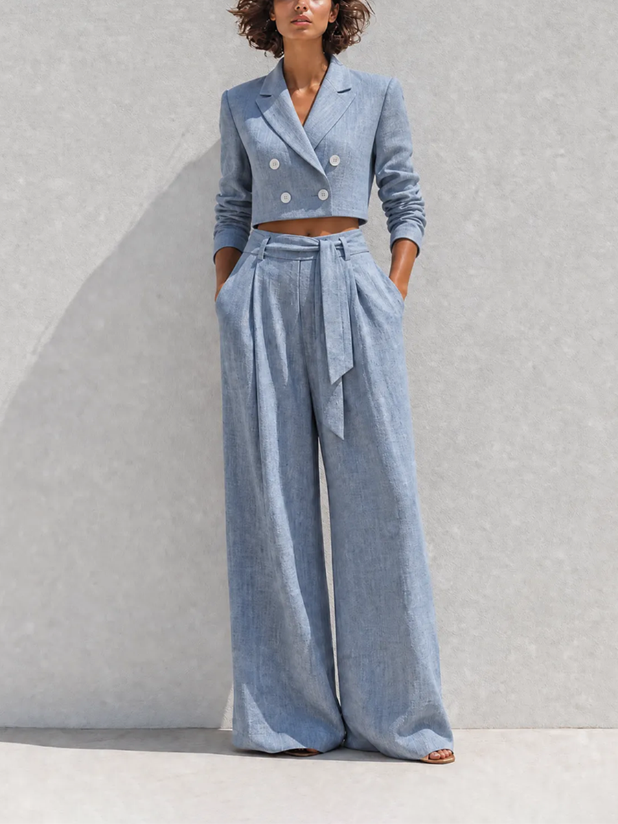 Women's Elegant Casual Dusty Blue Linen Peak-Lapel Double-Breasted Long-Sleeve Cropped Blazer & High-Waisted Belted Wide-Leg Trouser Set MDZ2770G6CMX