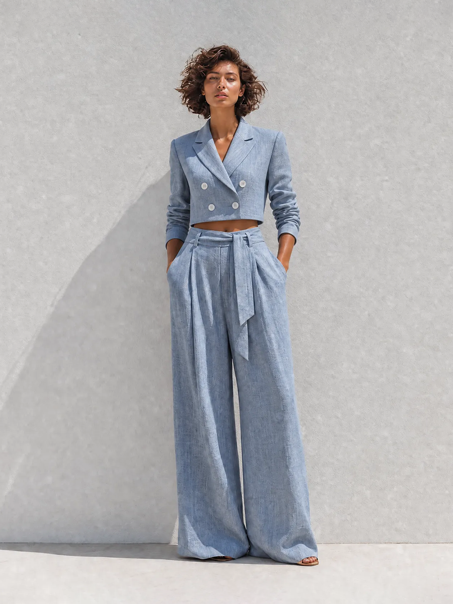 Women's Elegant Casual Dusty Blue Linen Peak-Lapel Double-Breasted Long-Sleeve Cropped Blazer & High-Waisted Belted Wide-Leg Trouser Set MDZ2770G6CMX