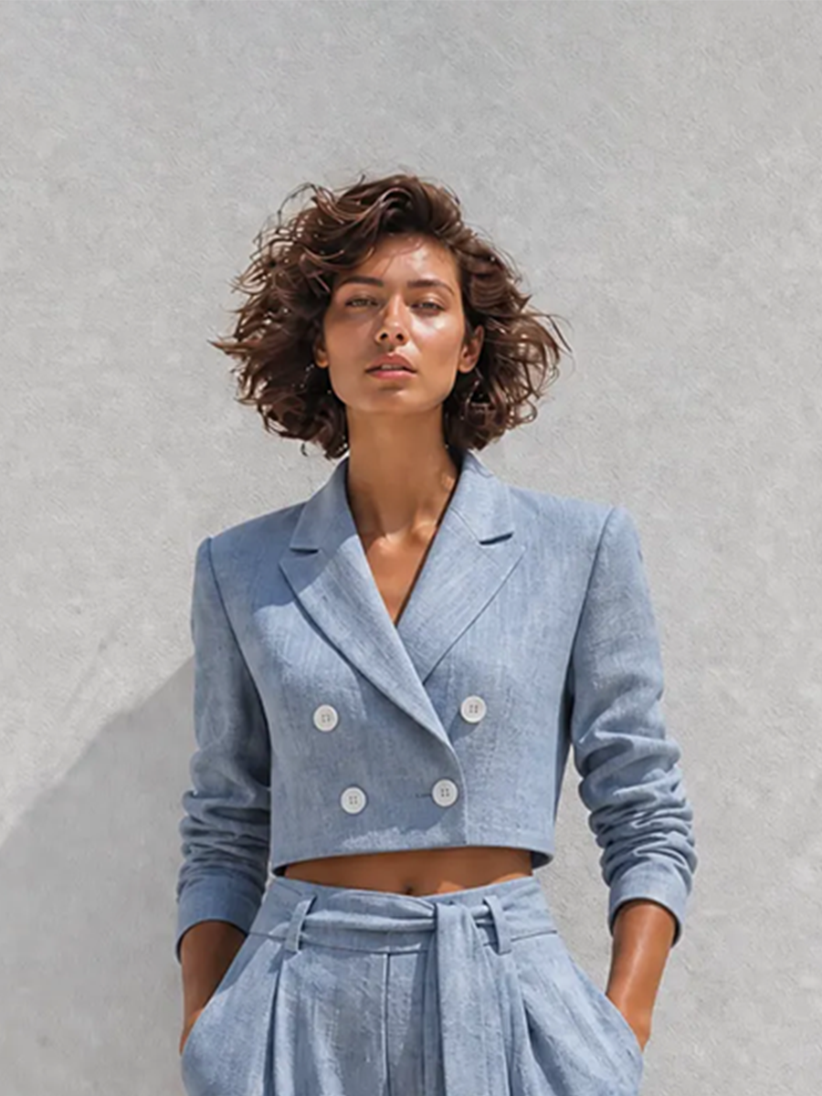 Women's Elegant Casual Dusty Blue Linen Peak-Lapel Double-Breasted Long-Sleeve Cropped Blazer & High-Waisted Belted Wide-Leg Trouser Set MDZ2770G6CMX