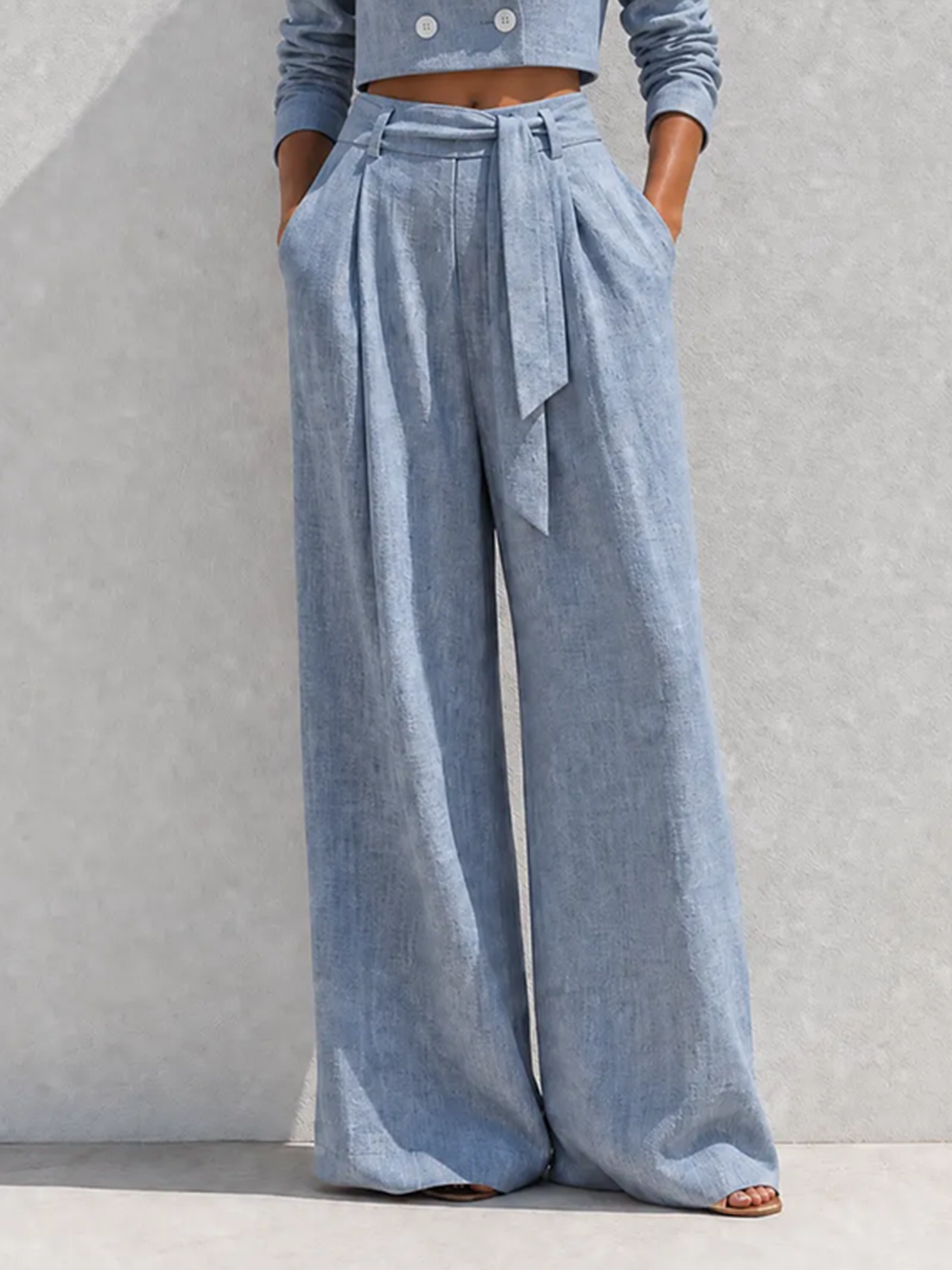 Women's Elegant Casual Dusty Blue Linen Peak-Lapel Double-Breasted Long-Sleeve Cropped Blazer & High-Waisted Belted Wide-Leg Trouser Set MDZ2770G6CMX