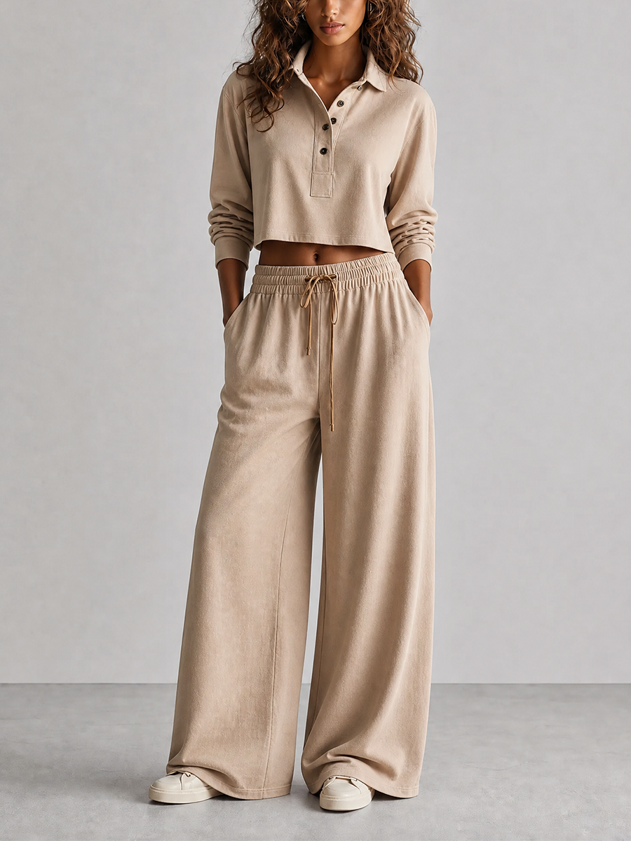 Women's Casual Khaki Cotton-Blend Polo-Collar Button-Placket Long-Sleeve Cropped Top & Drawstring Wide-Leg Trouser Set MDZ2718G9CMX