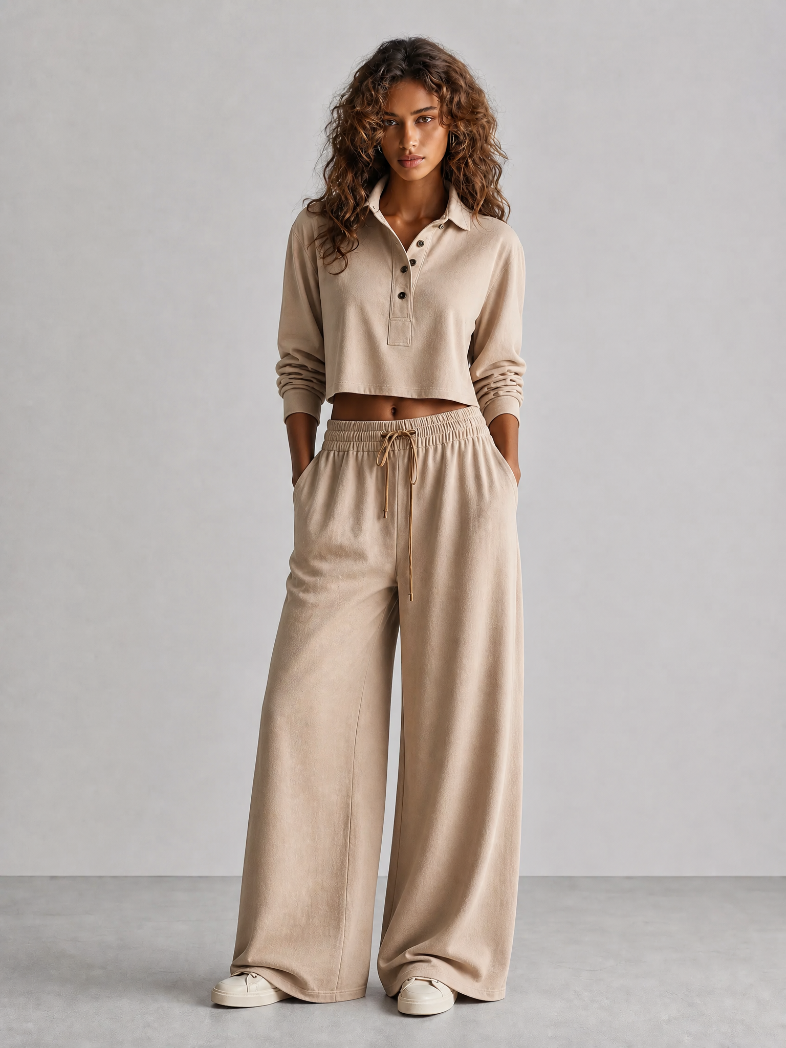 Women's Casual Khaki Cotton-Blend Polo-Collar Button-Placket Long-Sleeve Cropped Top & Drawstring Wide-Leg Trouser Set MDZ2718G9CMX