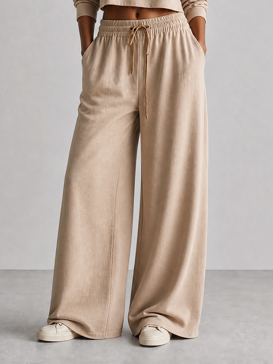 Women's Casual Khaki Cotton-Blend Polo-Collar Button-Placket Long-Sleeve Cropped Top & Drawstring Wide-Leg Trouser Set MDZ2718G9CMX