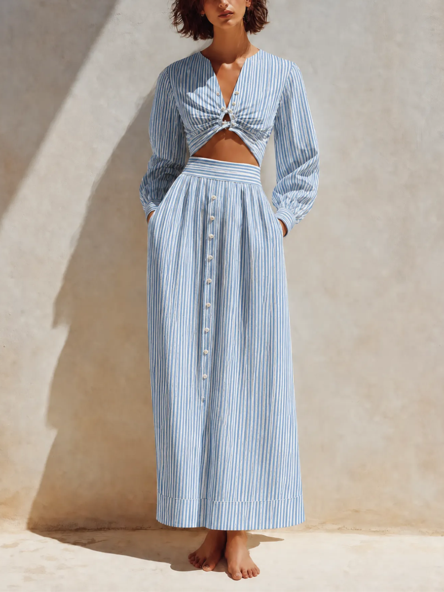 Women's Elegant Casual Blue & White Striped V-Neck Long-Sleeve Twist-Front Cropped Top & High-Waisted Decorative-Button A-Line Midi Skirt Set MDZ2738G0CMX