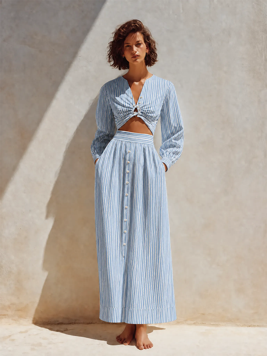 Women's Elegant Casual Blue & White Striped V-Neck Long-Sleeve Twist-Front Cropped Top & High-Waisted Decorative-Button A-Line Midi Skirt Set MDZ2738G0CMX
