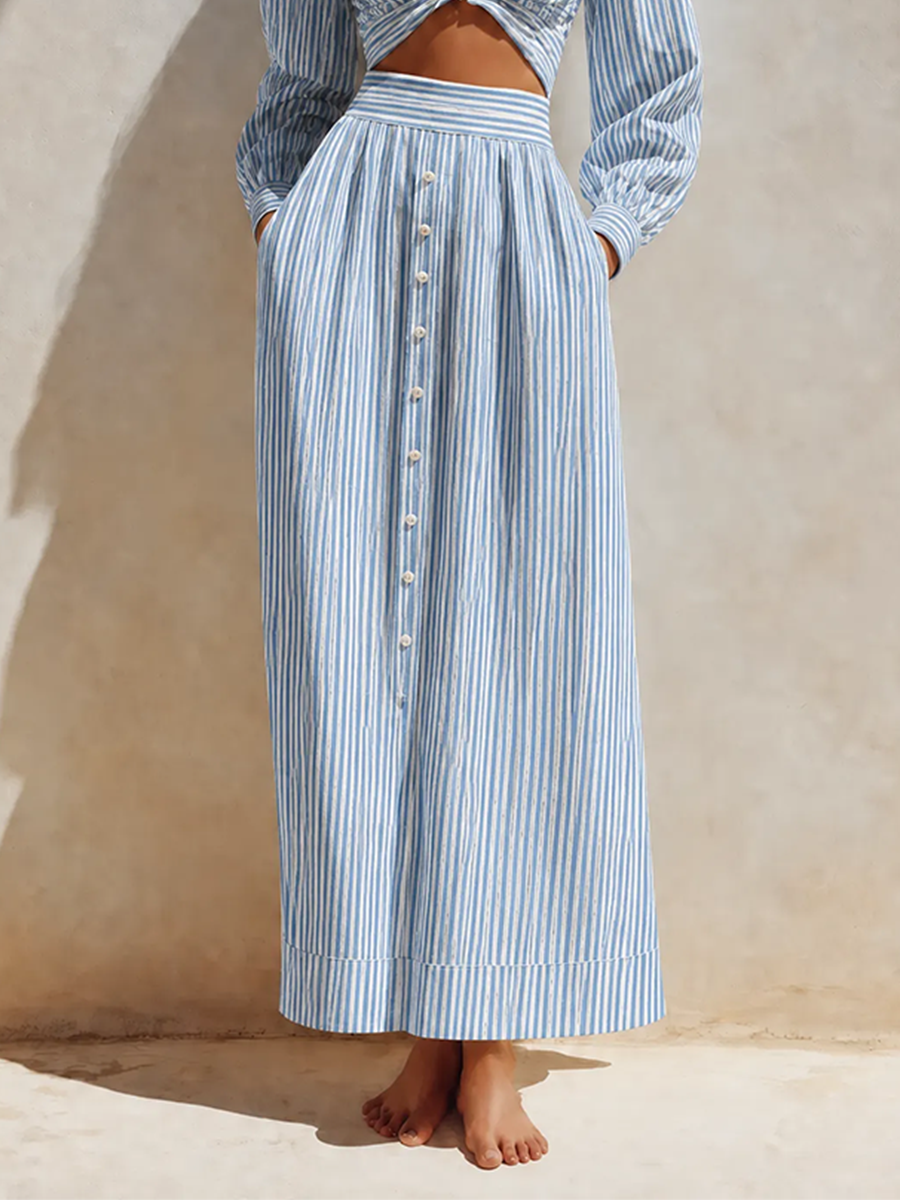 Women's Elegant Casual Blue & White Striped V-Neck Long-Sleeve Twist-Front Cropped Top & High-Waisted Decorative-Button A-Line Midi Skirt Set MDZ2738G0CMX