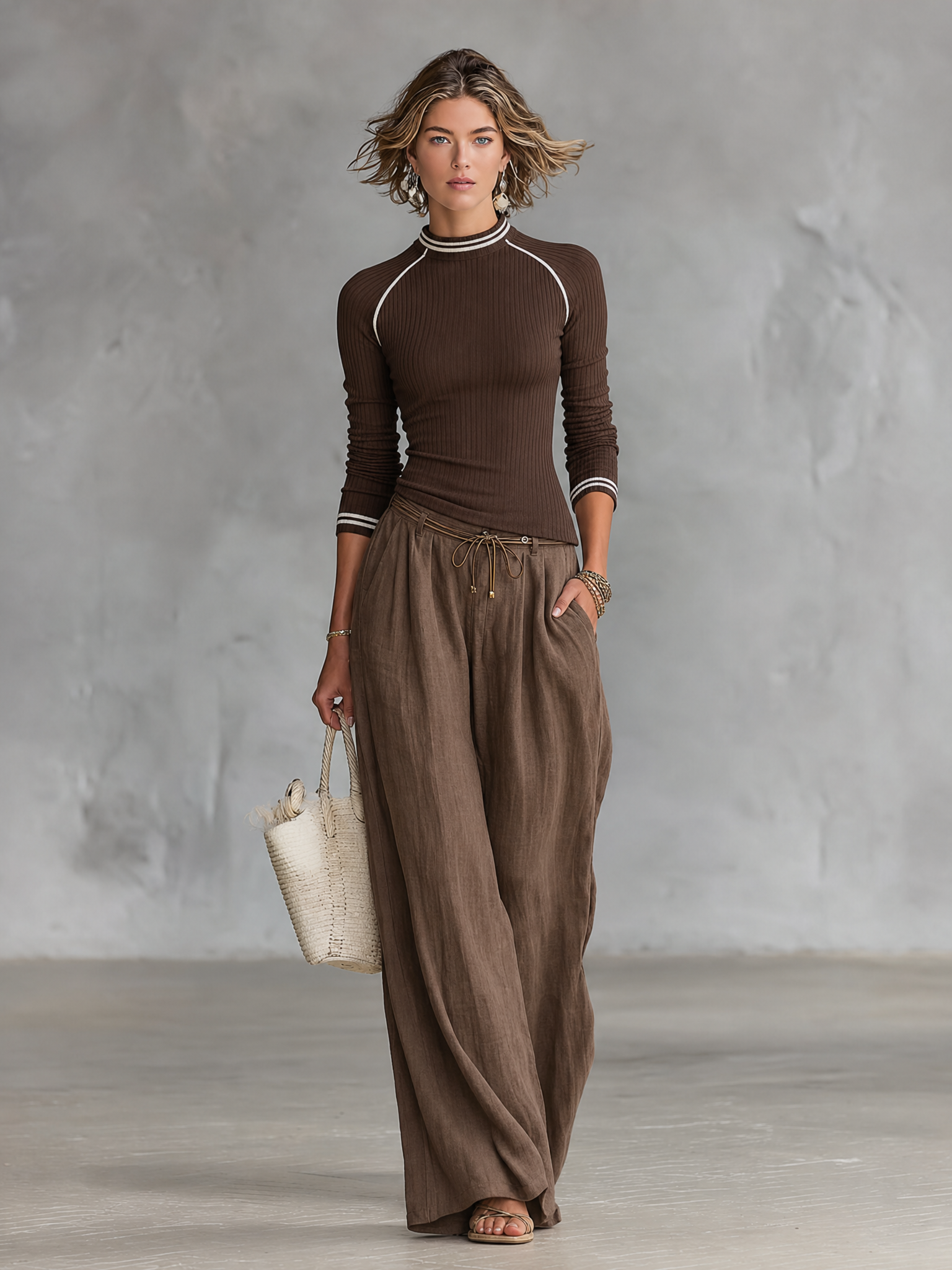 Women's Casual Ribbed Sweater And Wide-Leg Pants Set MDZ2736G1WY