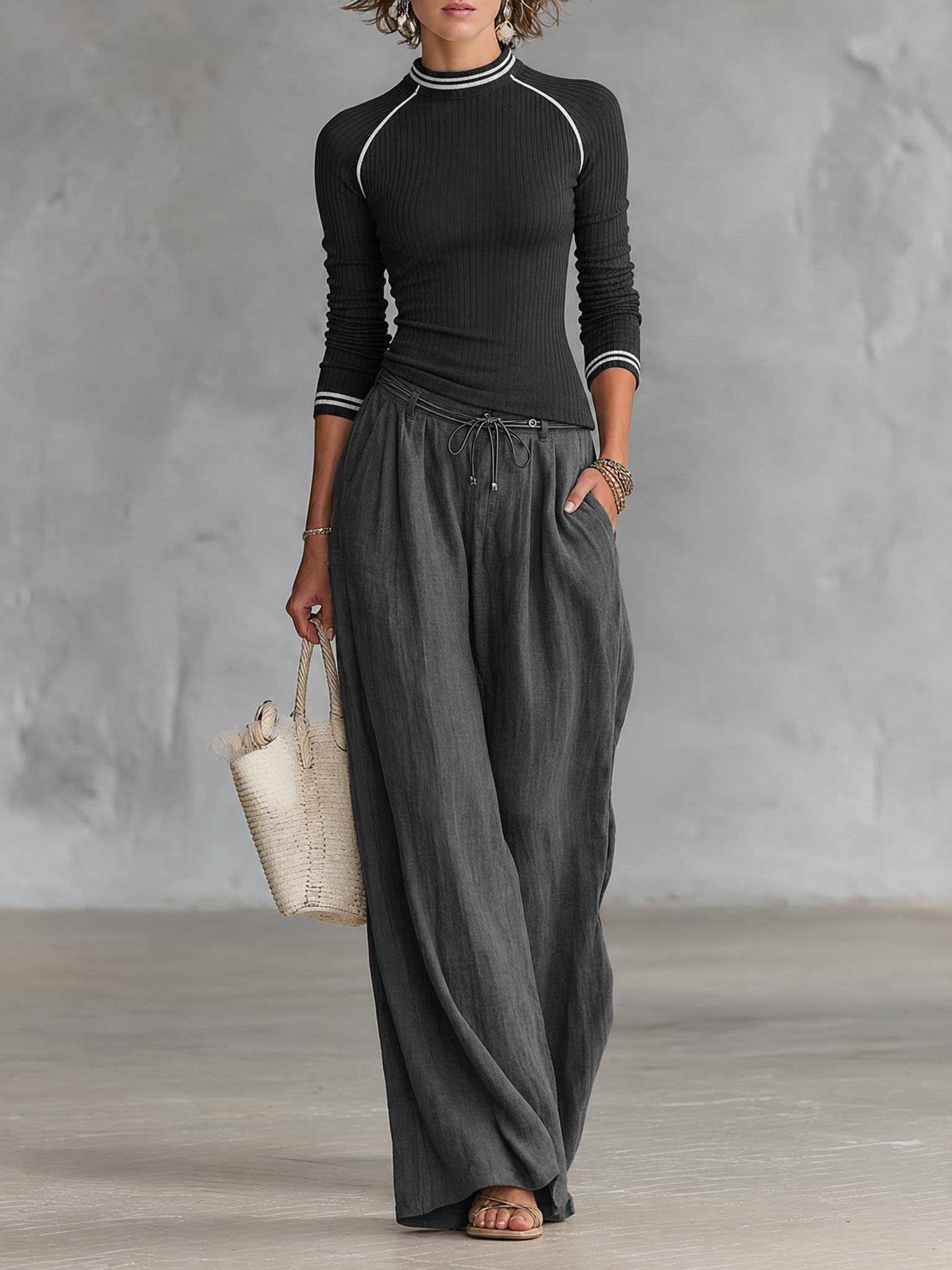 Women's Casual Ribbed Sweater And Wide-Leg Pants Set MDZ2736G1WY
